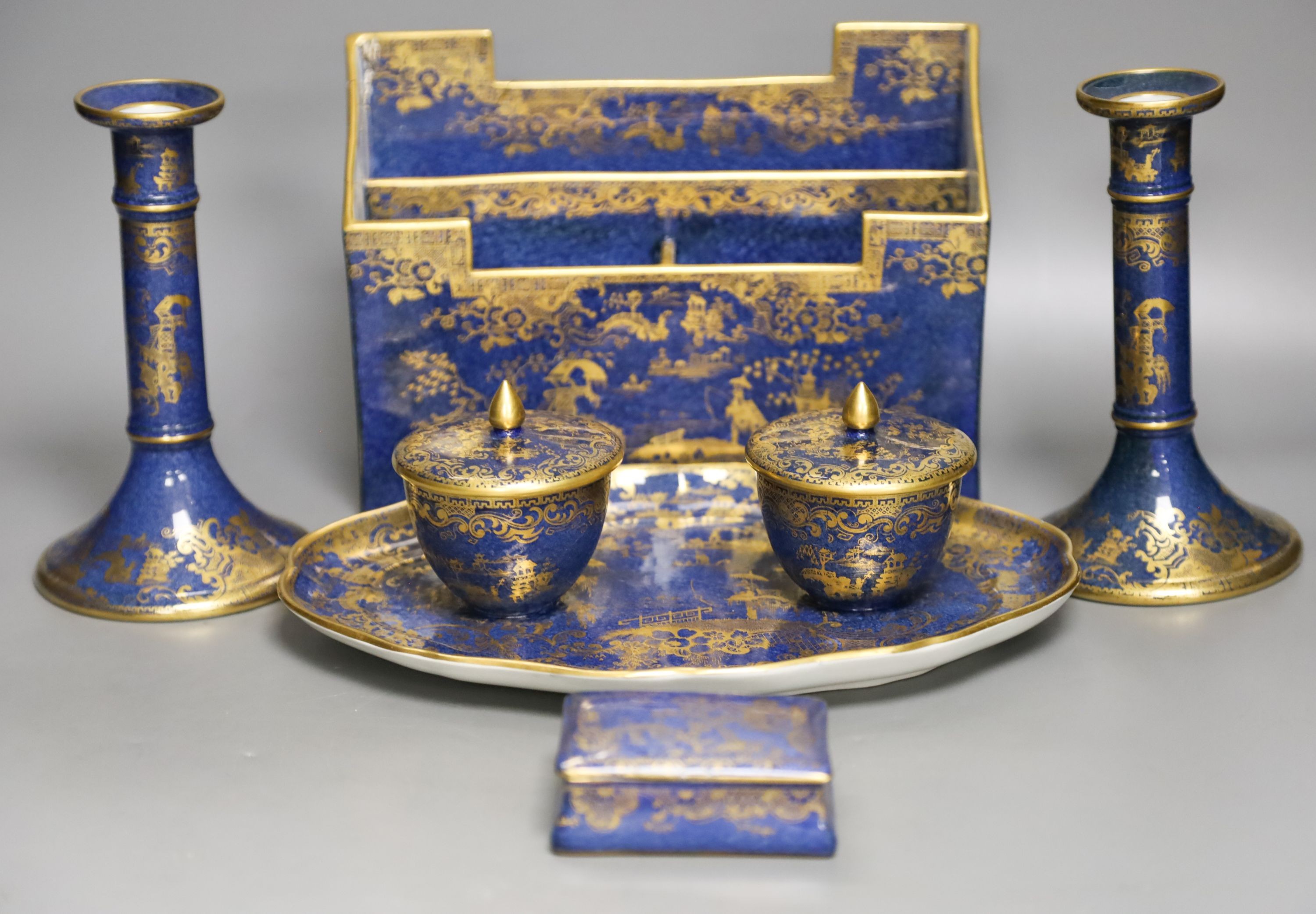 A Copeland Spode powder blue and gilt -decorated desk set